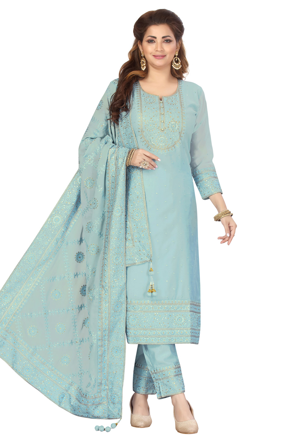 Sky Blue Chanderi Readymade Pant Style Suit 243949