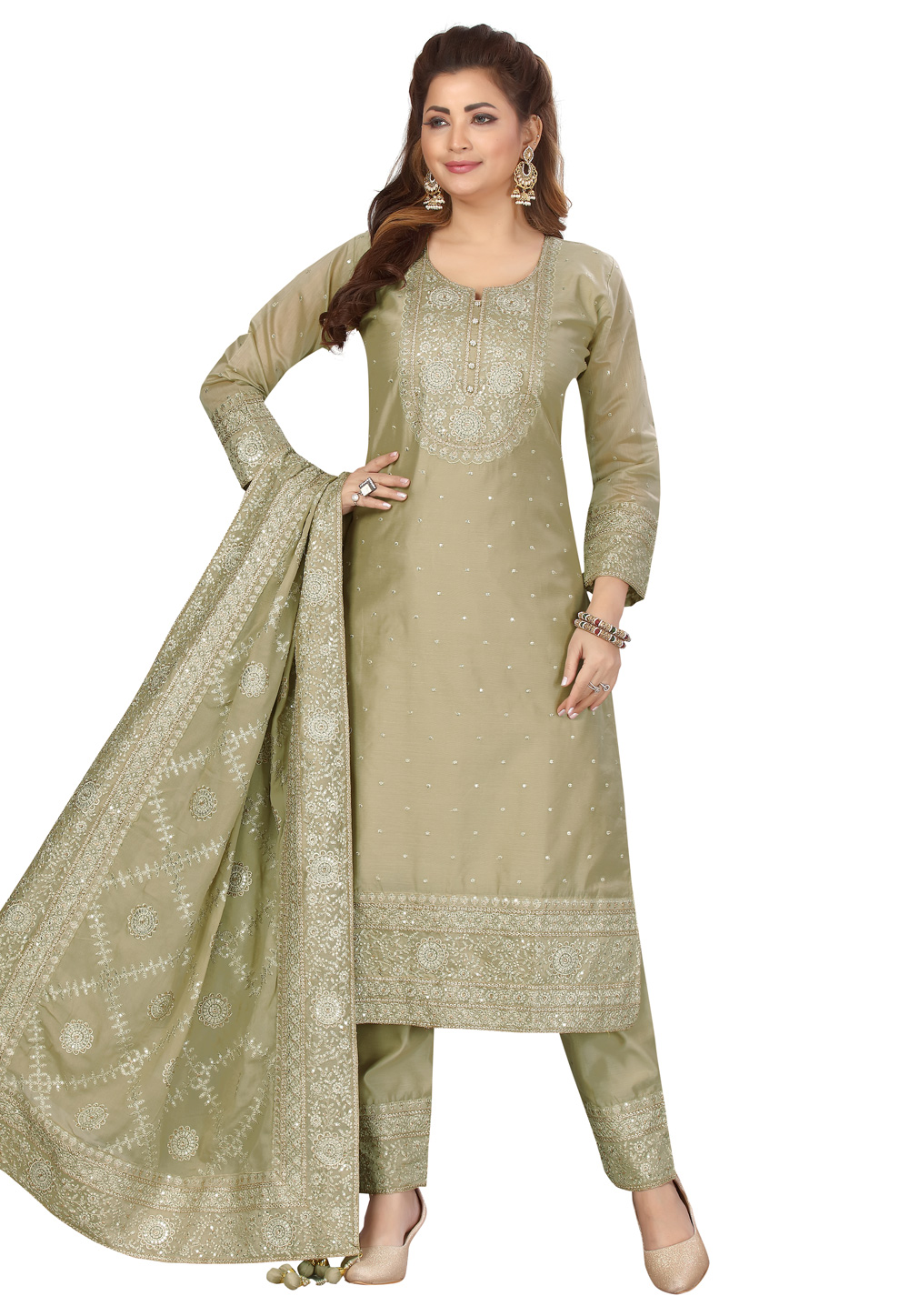 Olive Green Chanderi Readymade Kameez With Pant 243950