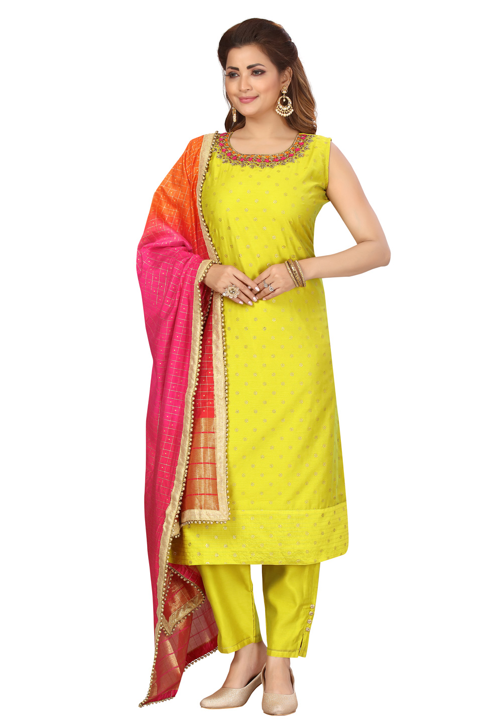 Light Green Chanderi Readymade Kameez With Pant 243953