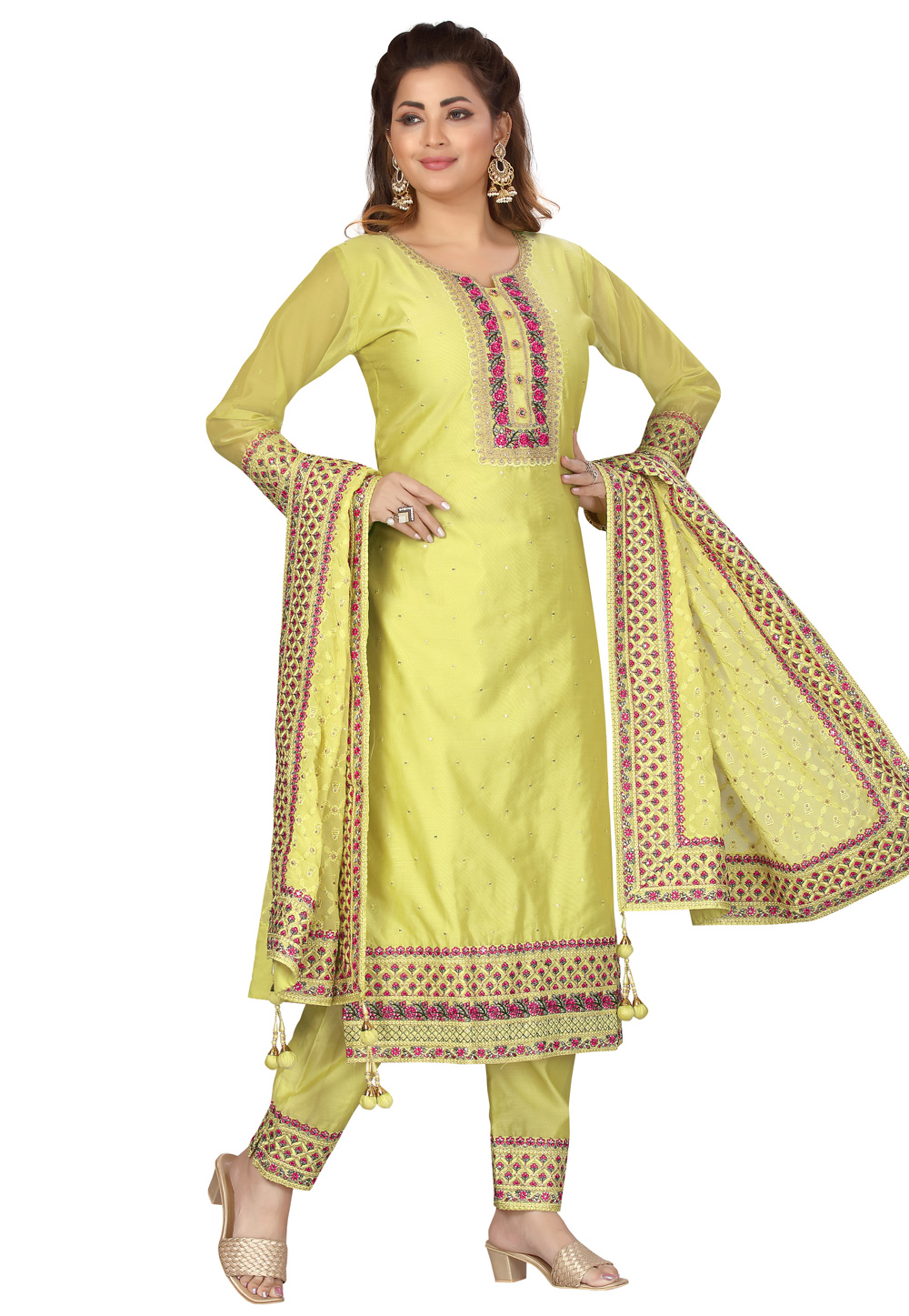 Light Green Chanderi Readymade Pant Style Suit 243958