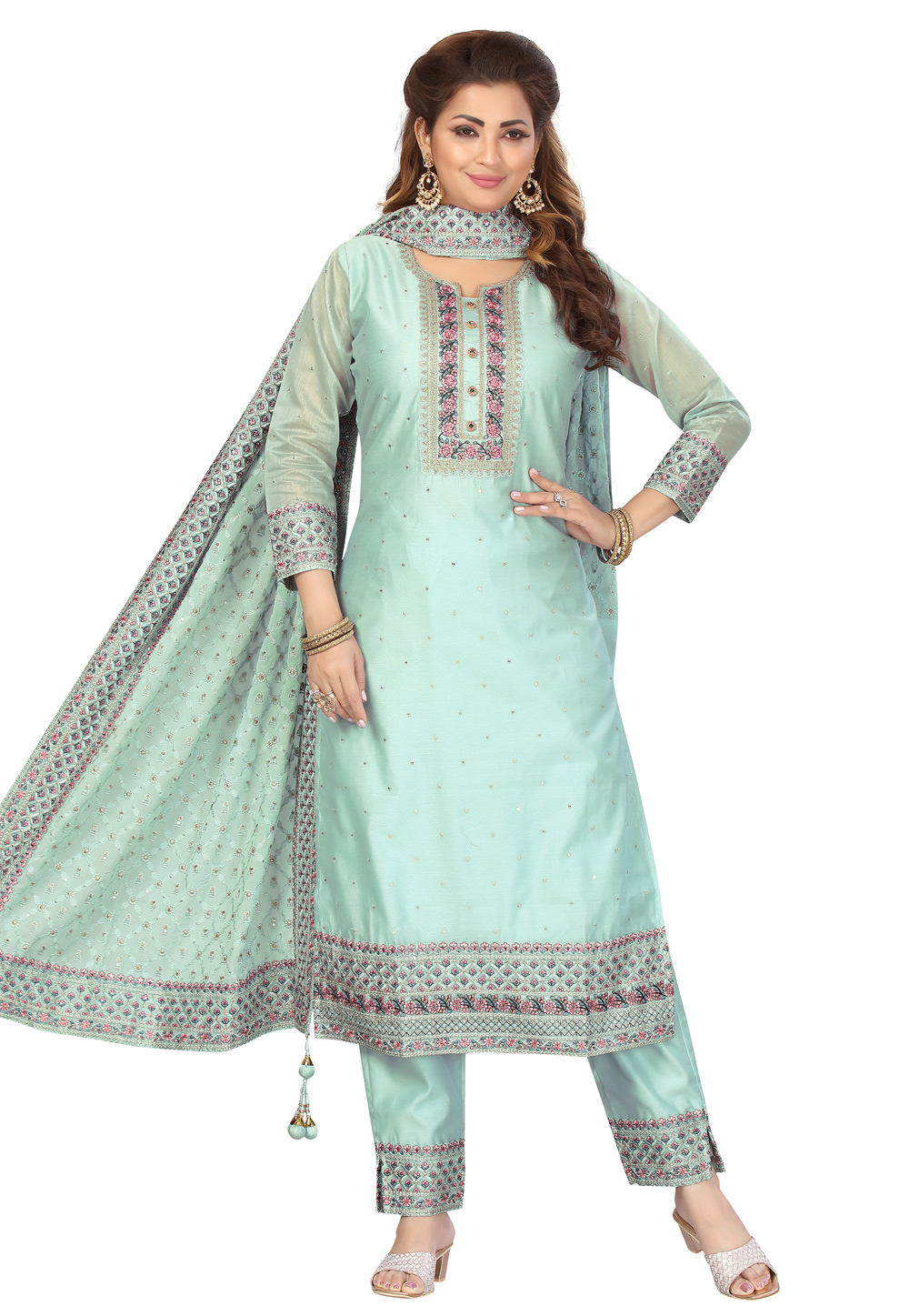 Sky Blue Chanderi Readymade Pant Style Suit 243960