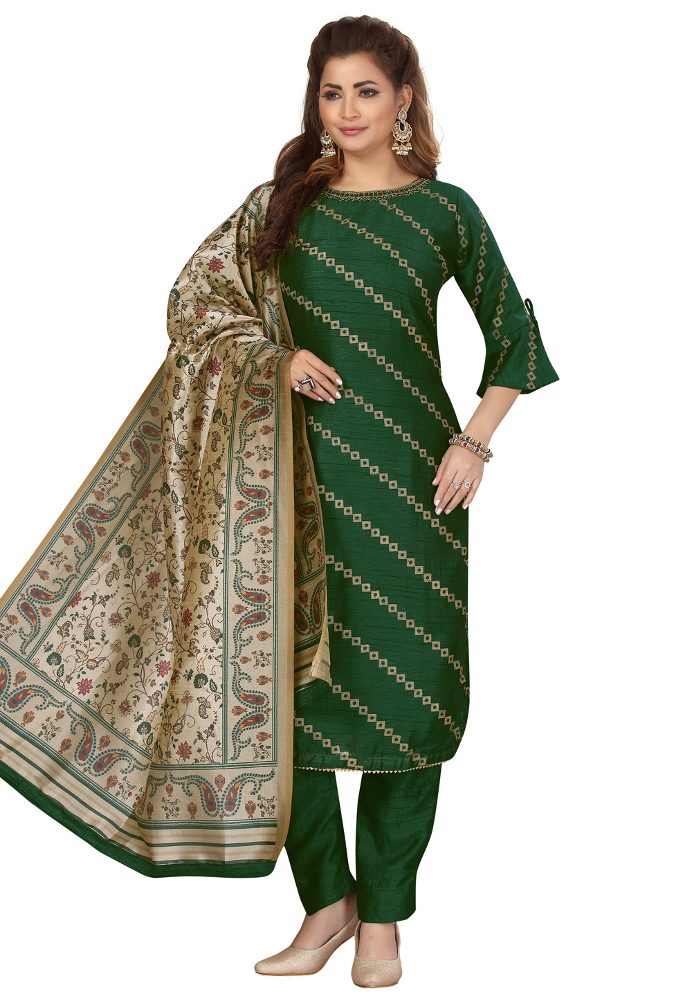 Green Chanderi Readymade Kameez With Pant 243961
