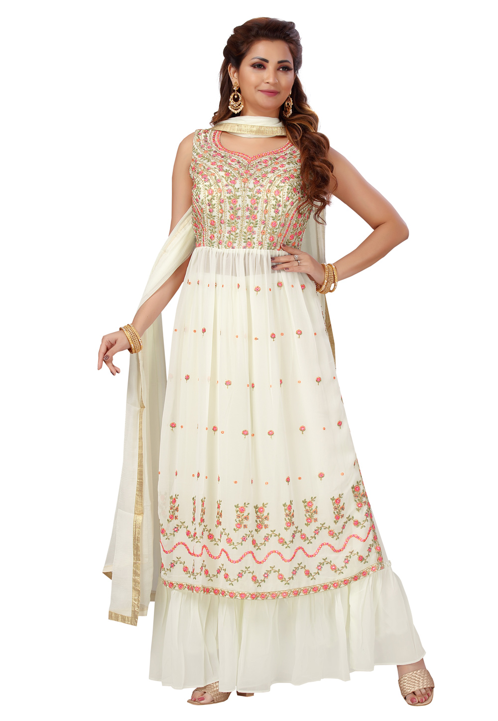 White Georgette Readymade Sharara Suit 246247