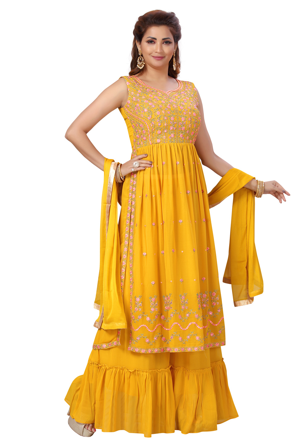 Yellow Georgette Readymade Sharara Suit 246248