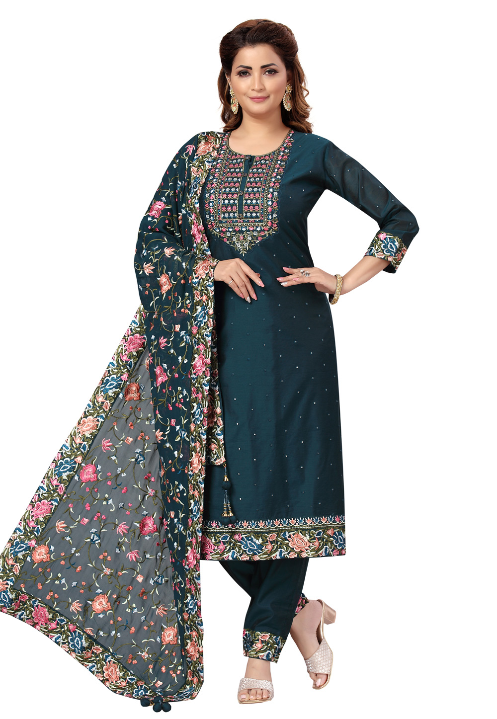 Teal Chanderi Readymade Pant Style Suit 248515
