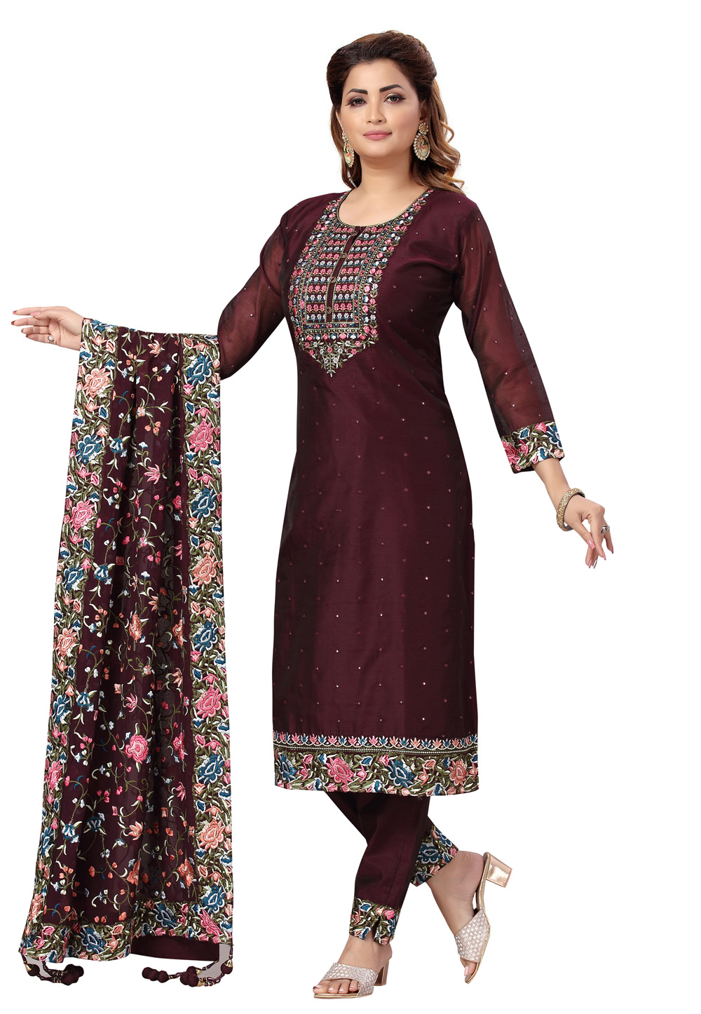 Wine Chanderi Readymade Pant Style Suit 248517