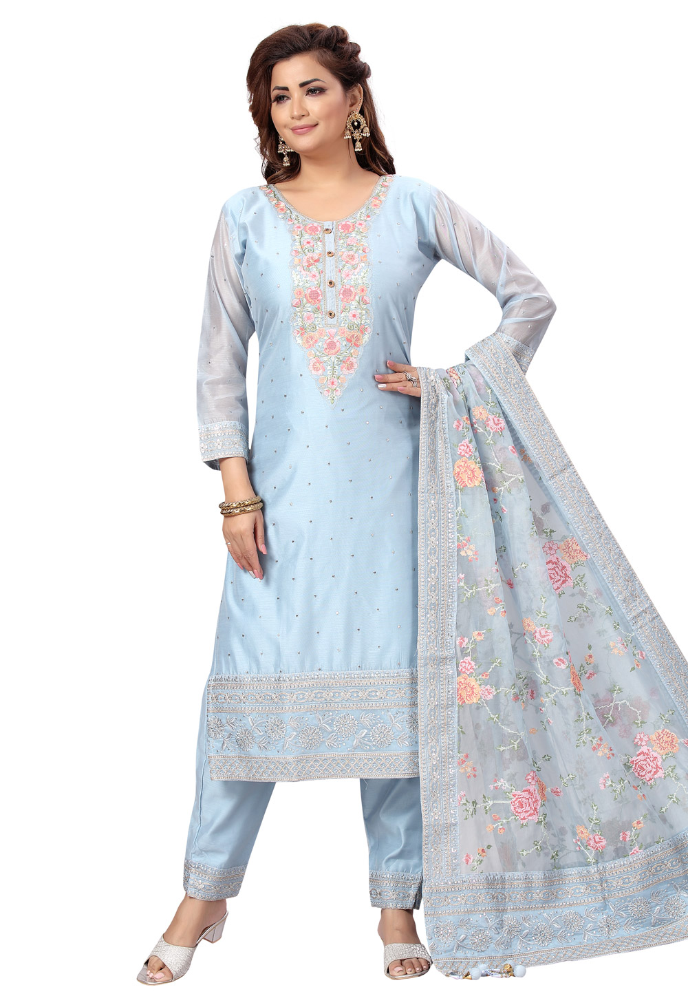 Sky Blue Chanderi Readymade Pant Style Suit 248520