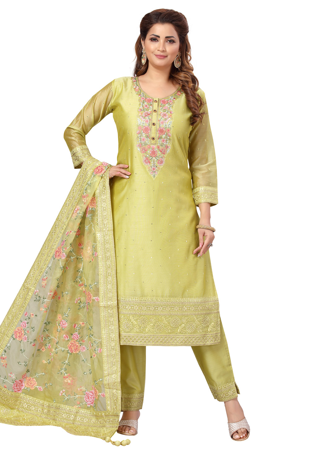 Light Green Chanderi Readymade Pant Style Suit 248521