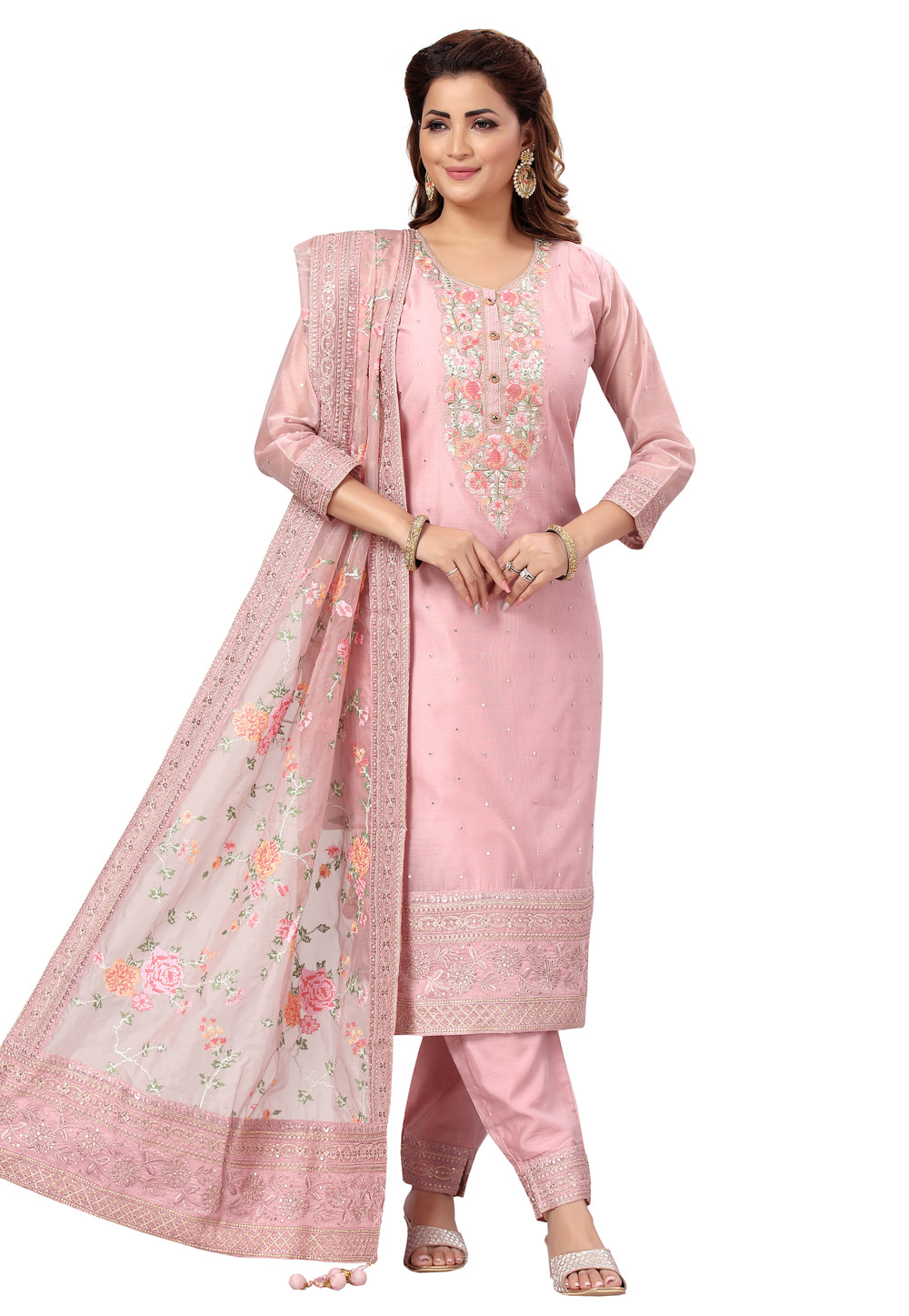 Pink Chanderi Readymade Pant Style Suit 248522