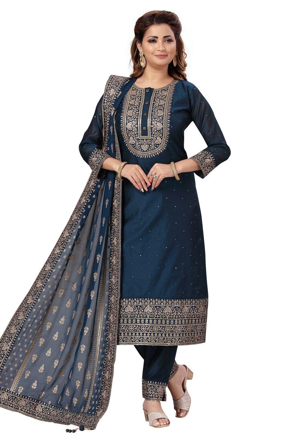 Blue Chanderi Readymade Pant Style Suit 248523