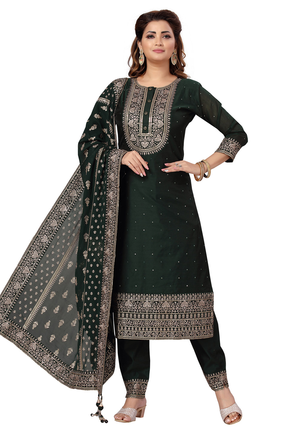 Green Chanderi Readymade Pant Style Suit 248524