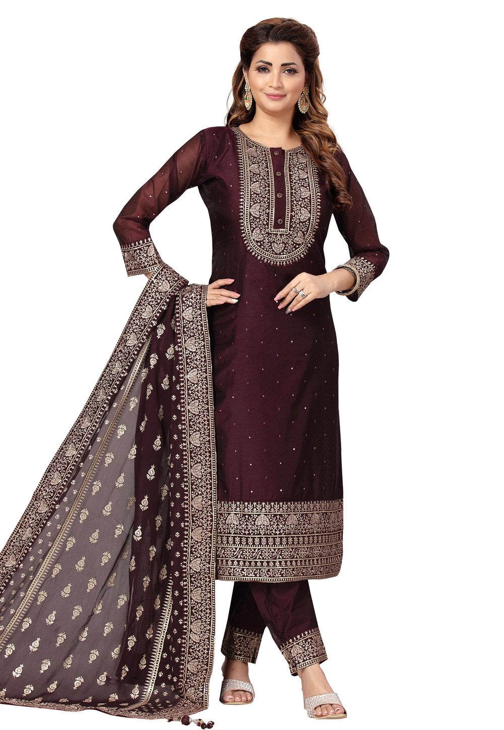 Wine Chanderi Readymade Pant Style Suit 248525
