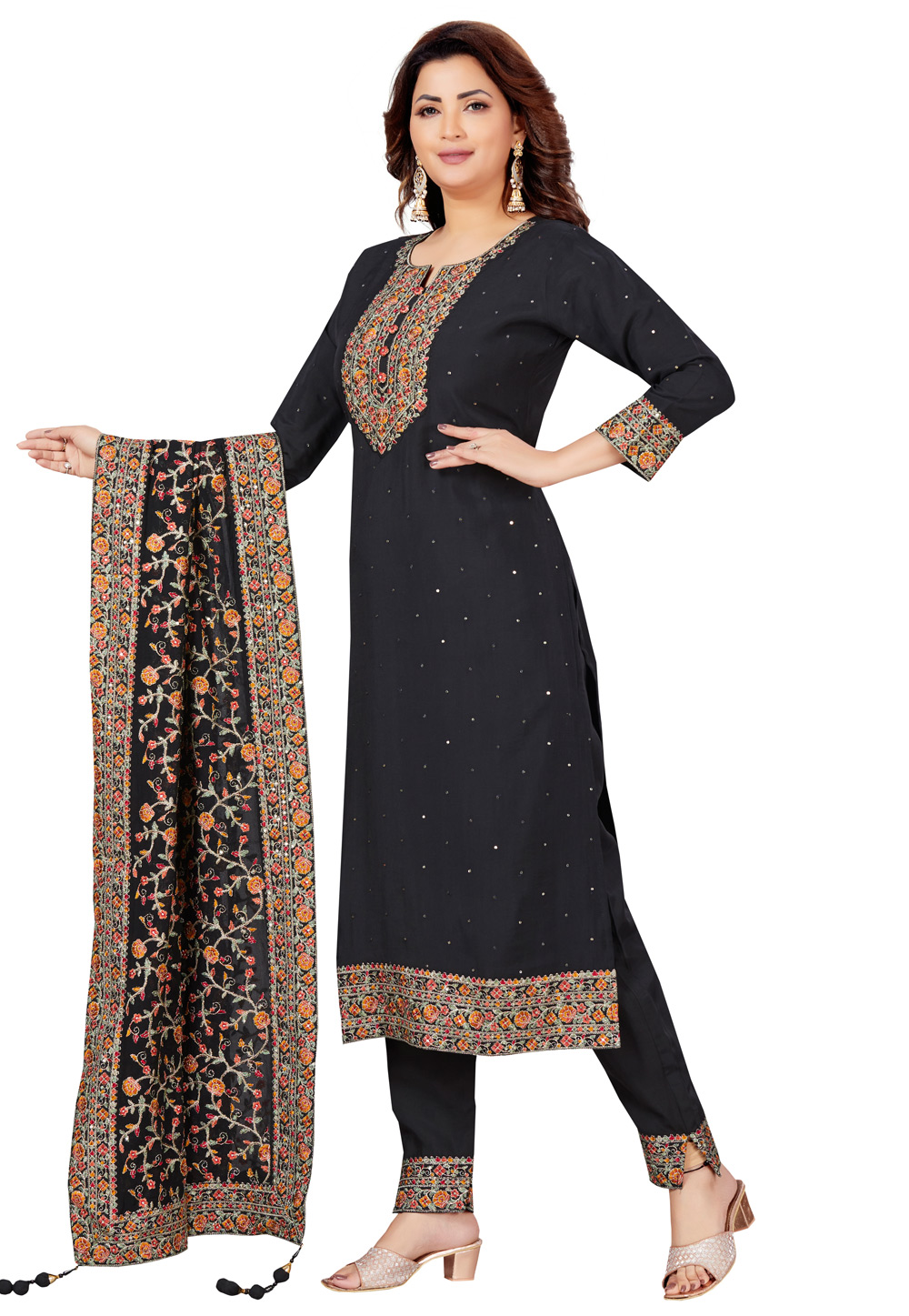 Black Chanderi Readymade Pant Style Suit 264349