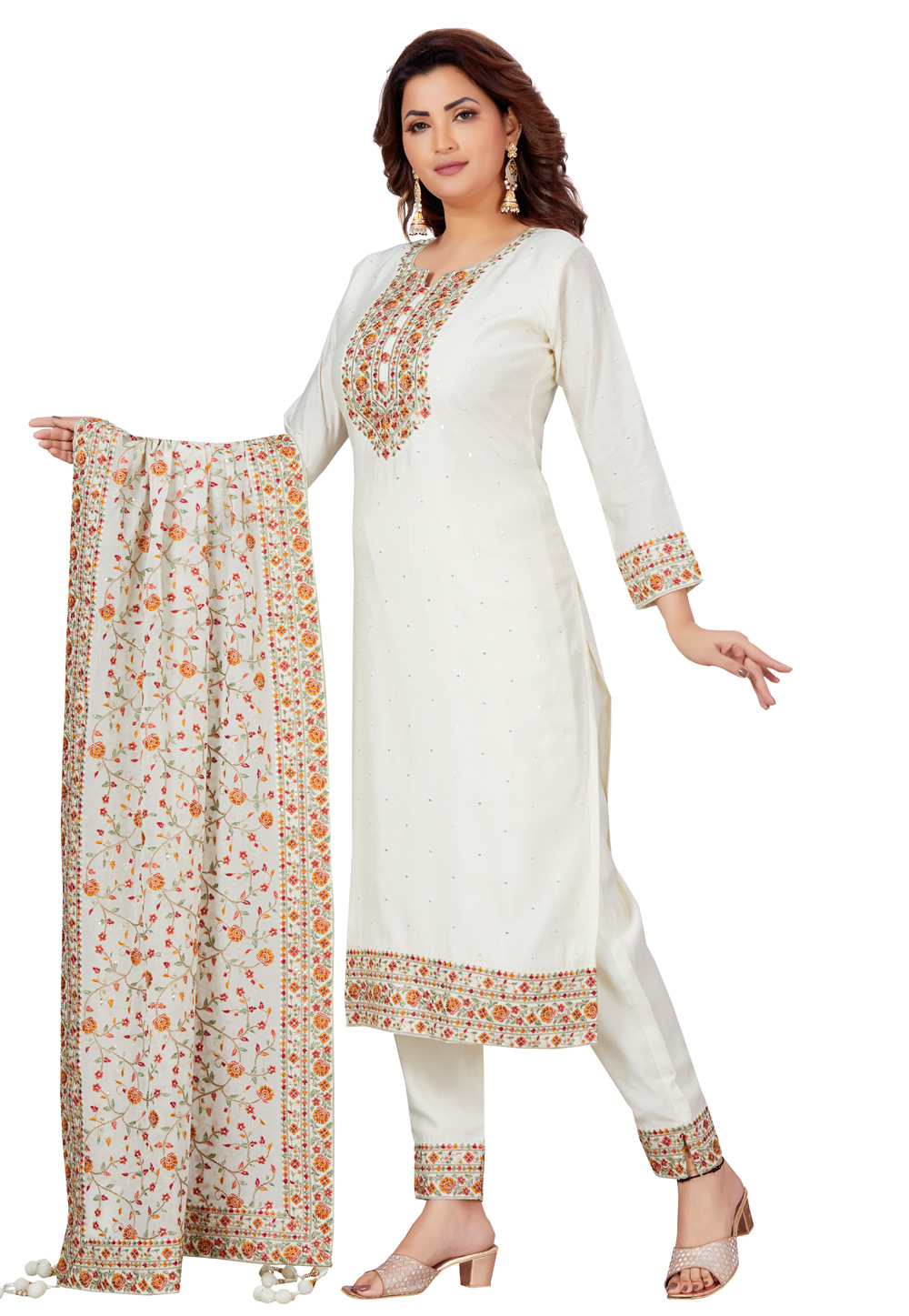 Off White Chanderi Readymade Pakistani Suit 264350