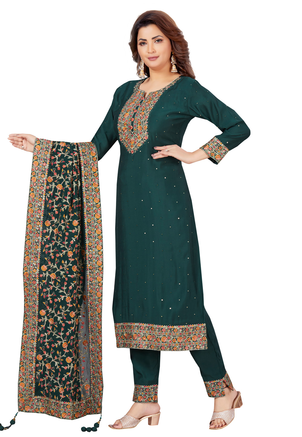 Green Chanderi Readymade Pant Style Suit 264351