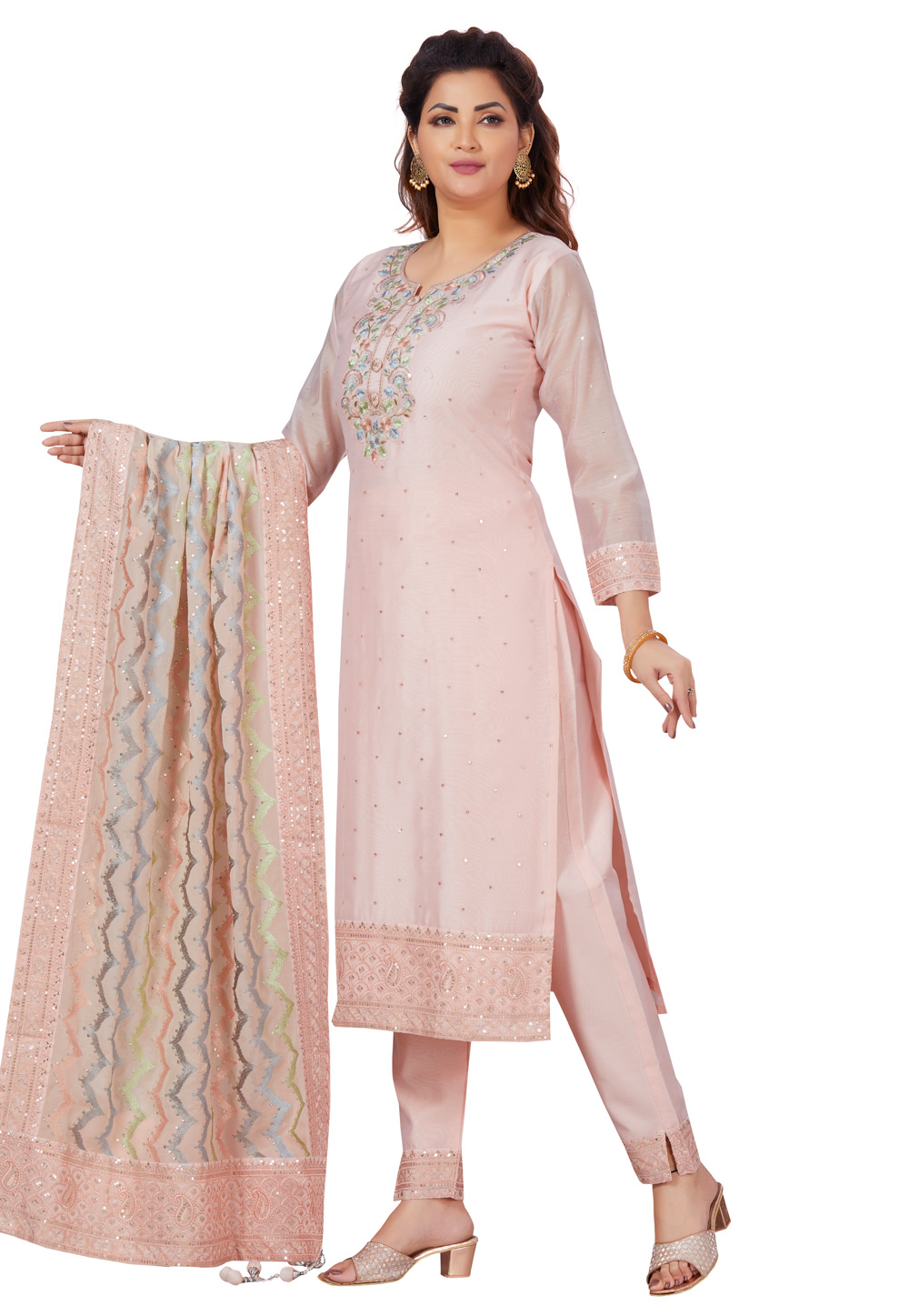 Light Pink Chanderi Readymade Pakistani Suit 264352
