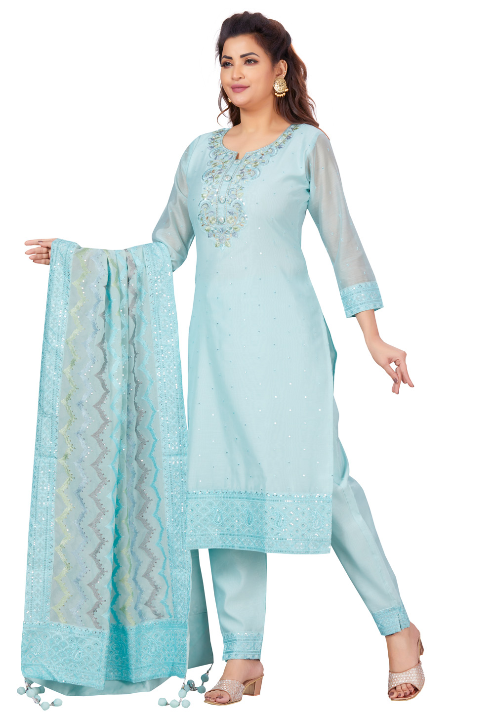 Sky Blue Chanderi Readymade Pant Style Suit 264353