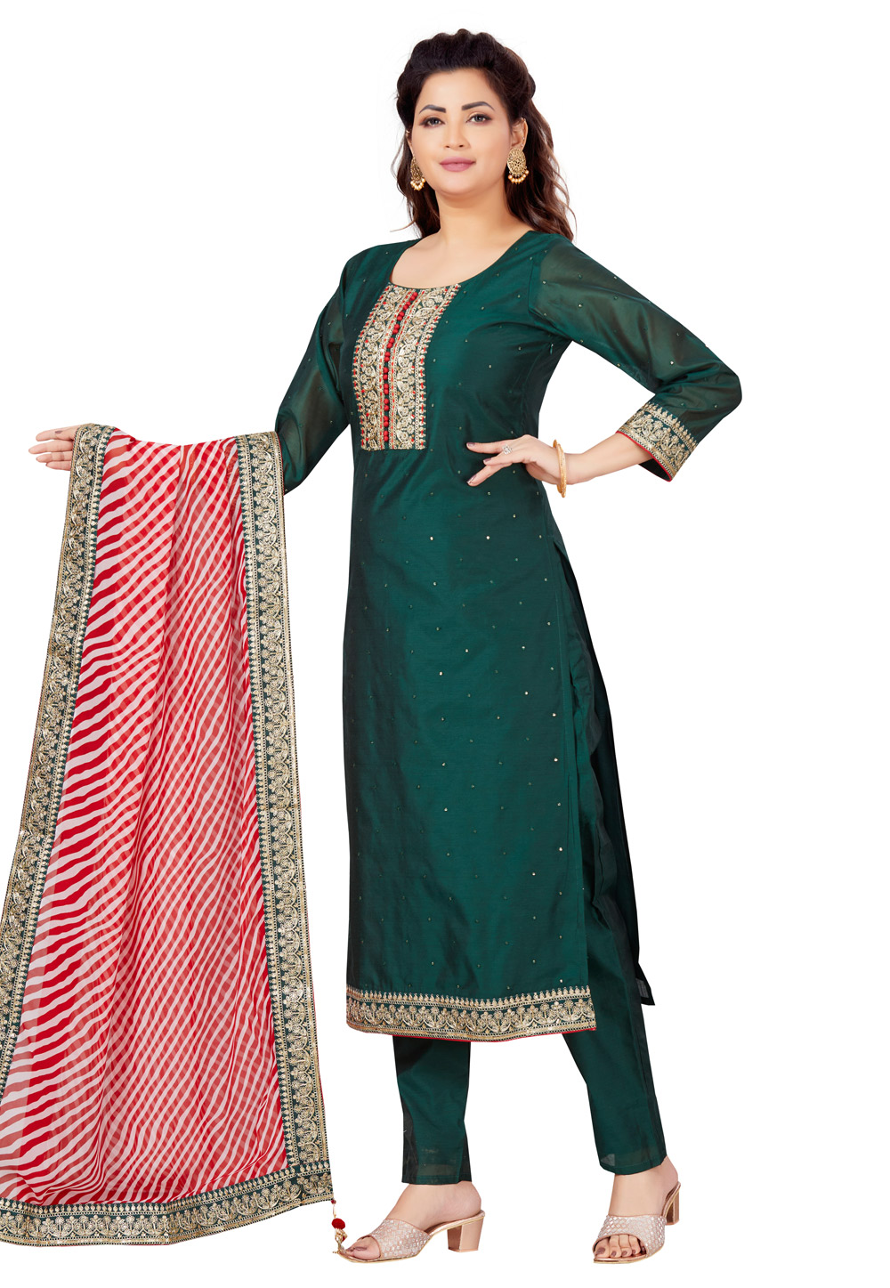 Green Chanderi Readymade Pant Style Suit 264355