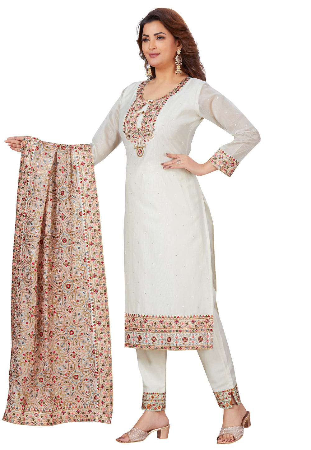 Off White Chanderi Readymade Pant Style Suit 264357