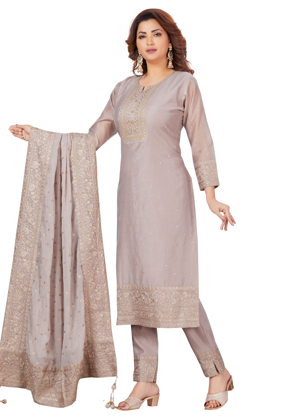 Light Pink Chanderi Readymade Pant Style Suit 264359