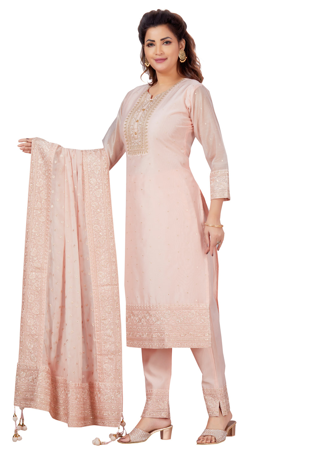 Light Pink Georgette Readymade Pant Style Suit 264361