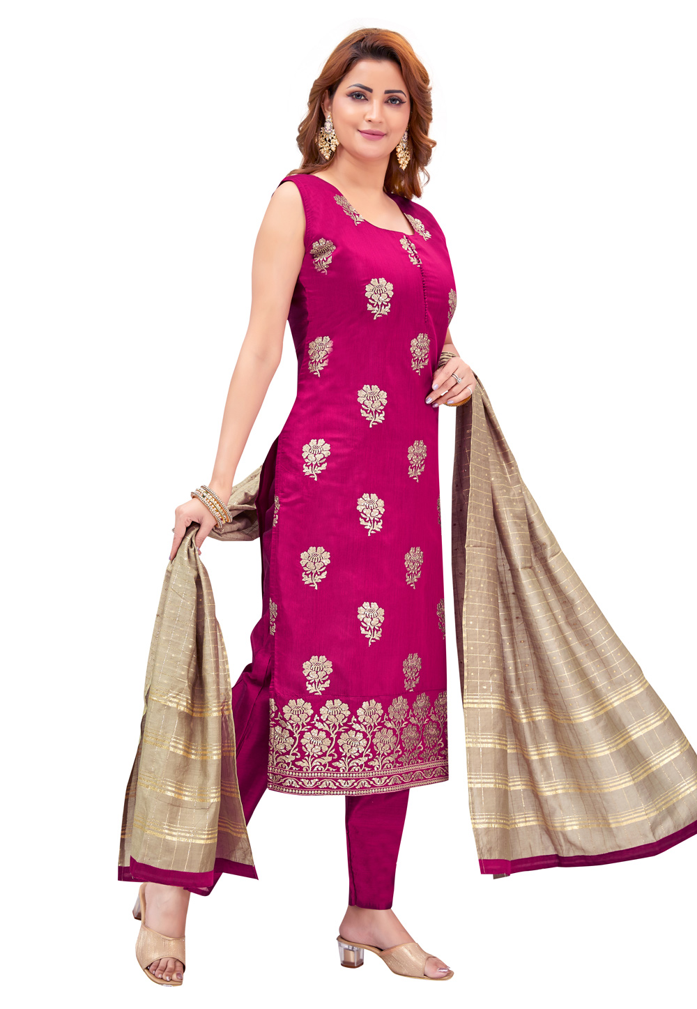 Magenta Chanderi Readymade Pant Style Suit 268355