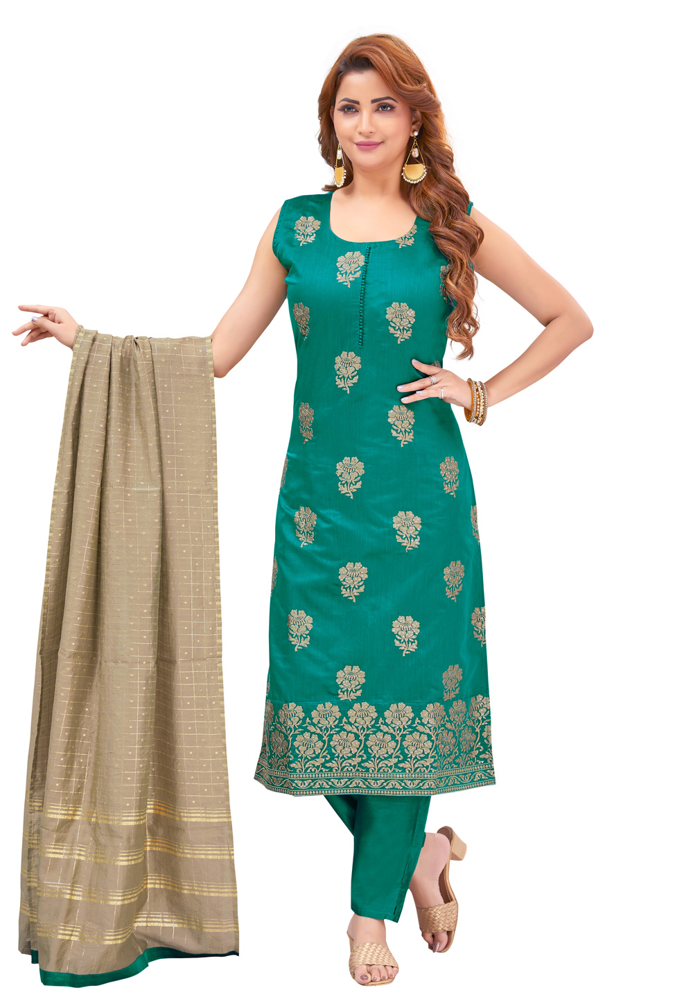 Teal Chanderi Readymade Pant Style Suit 268357