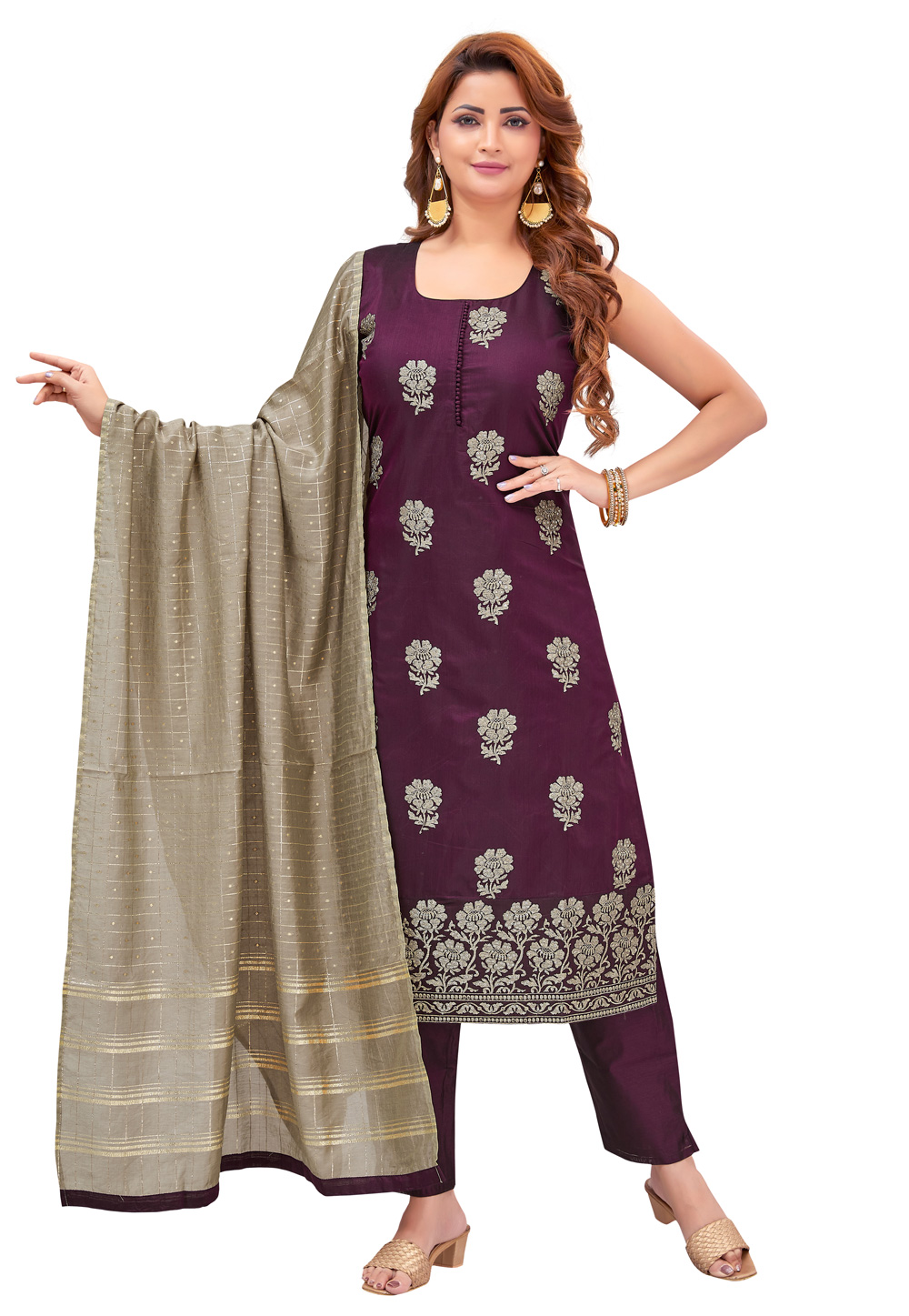 Purple Chanderi Readymade Pakistani Suit 268358