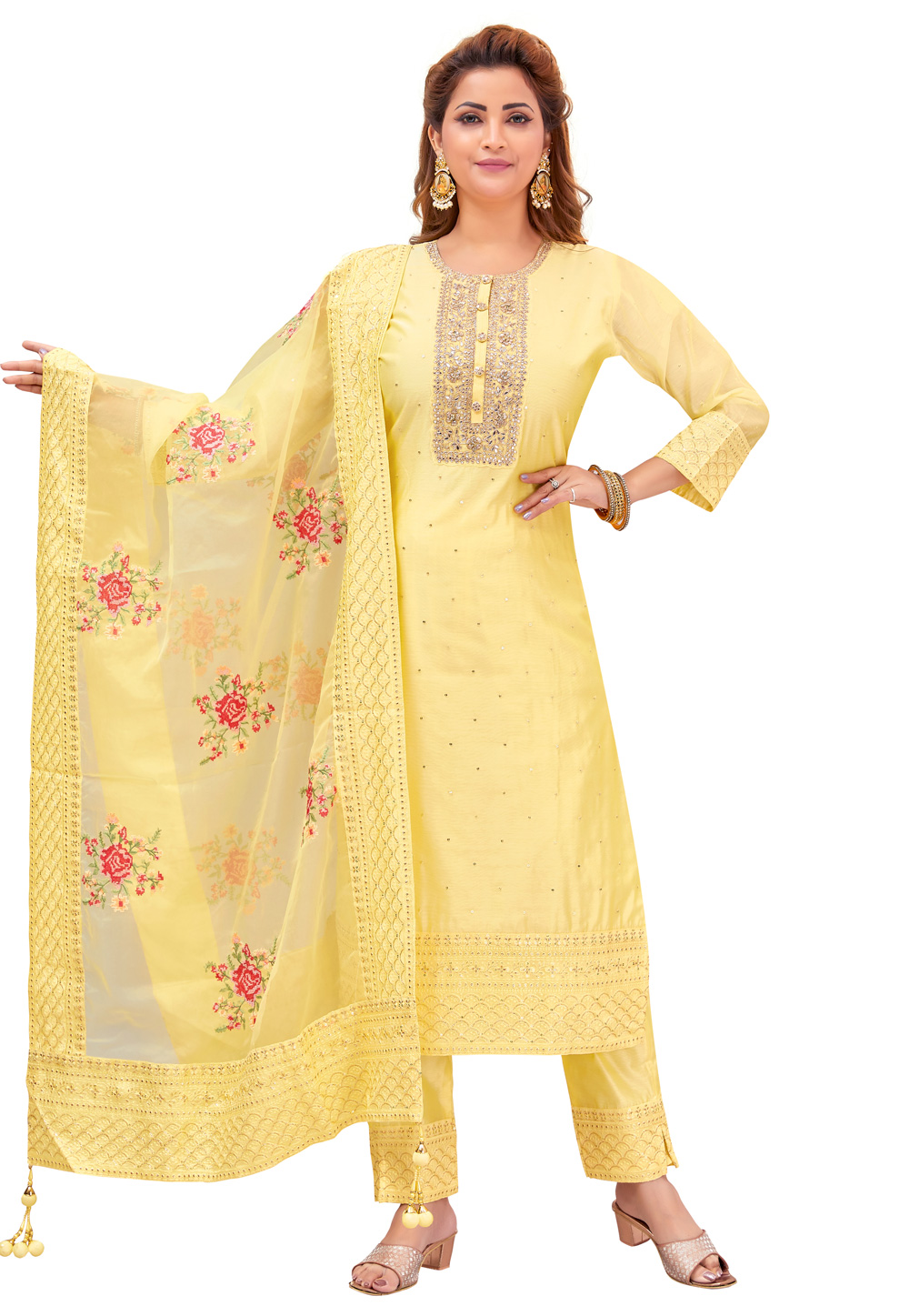 Yellow Chanderi Readymade Pakistani Suit 268362