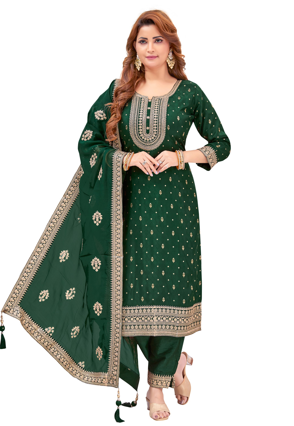 Green Soft Silk Readymade Pant Style Suit 268363
