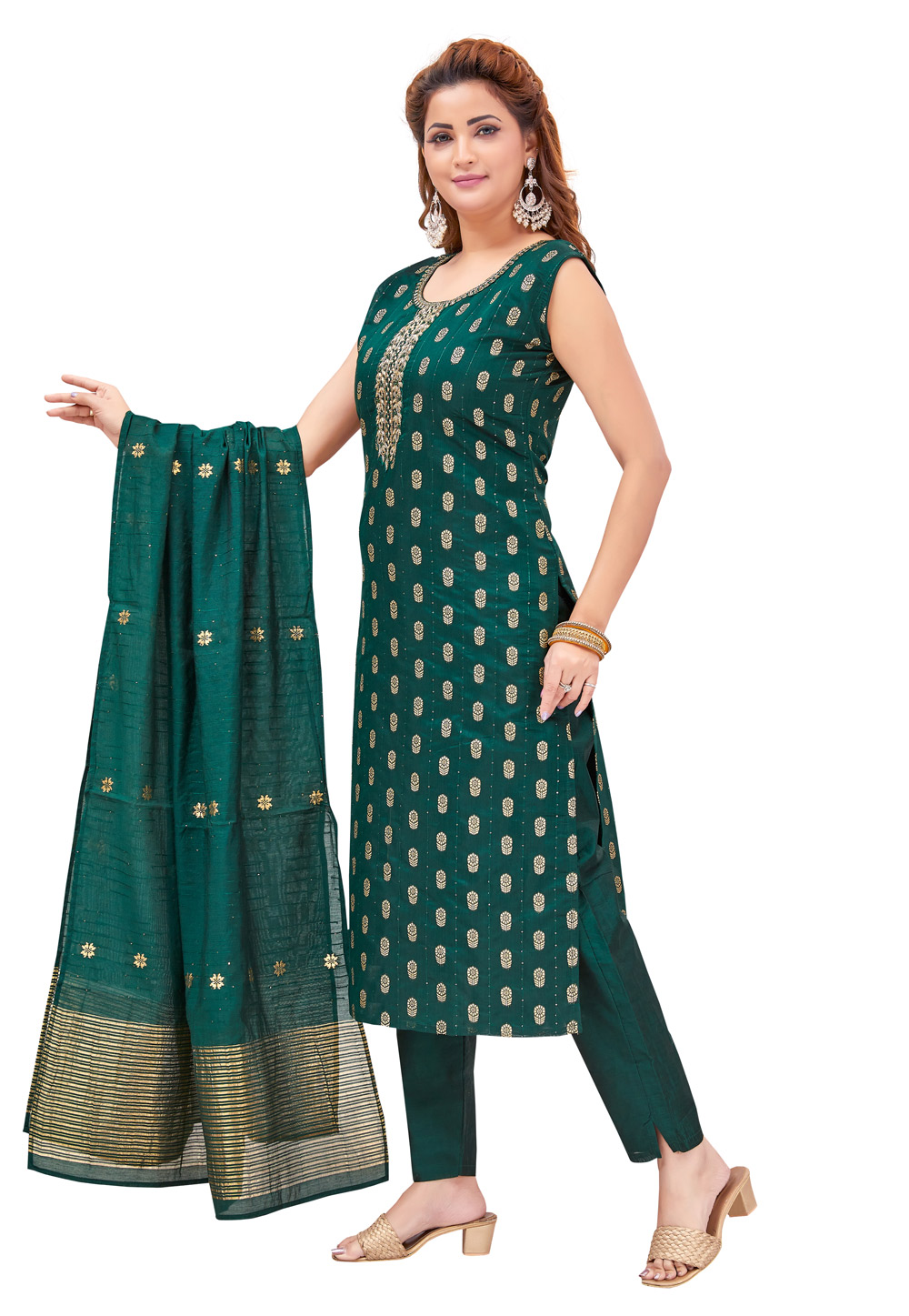 Green Silk Jacquard Readymade Pakistani Suit 268366