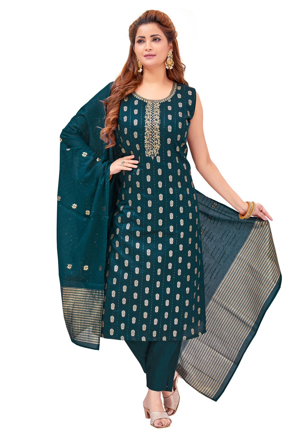 Teal Silk Jacquard Readymade Pakistani Suit 268368