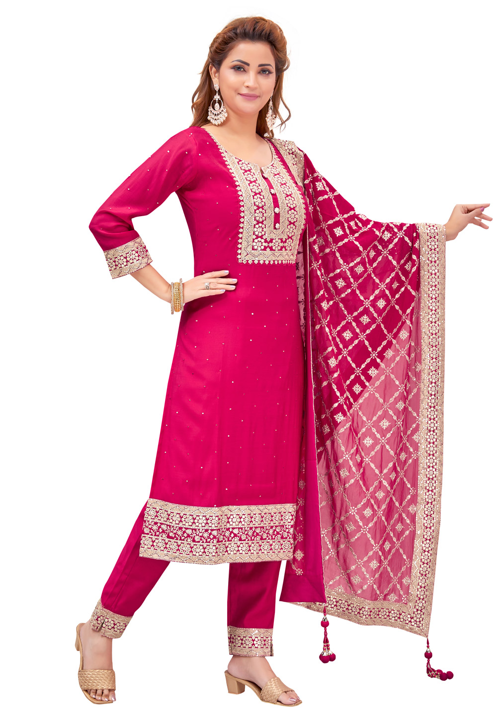 Magenta Chanderi Readymade Pakistani Suit 268370