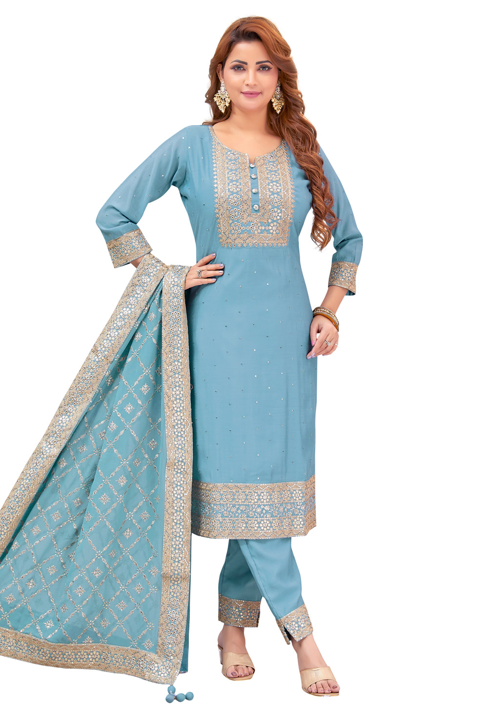 Sky Blue Chanderi Readymade Pakistani Suit 268372