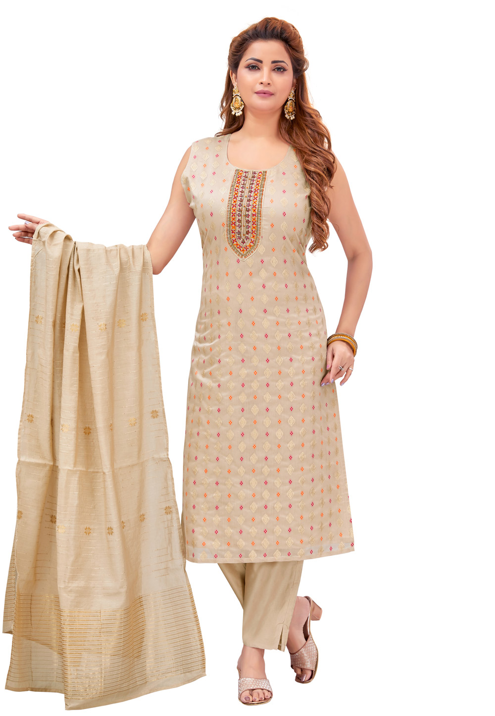 Beige Chanderi Readymade Pant Style Suit 268377