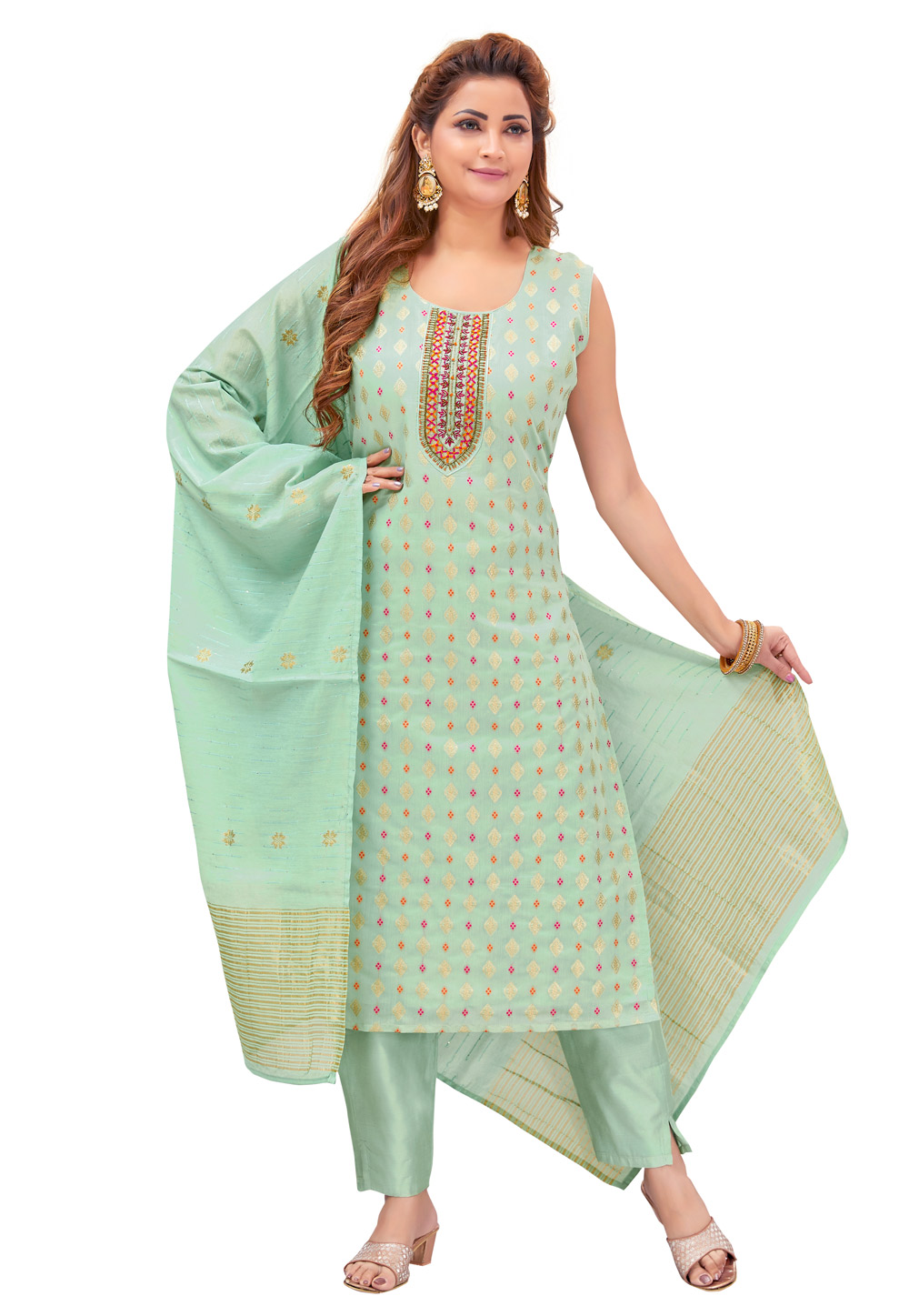 Sea Green Chanderi Readymade Pakistani Suit 268378