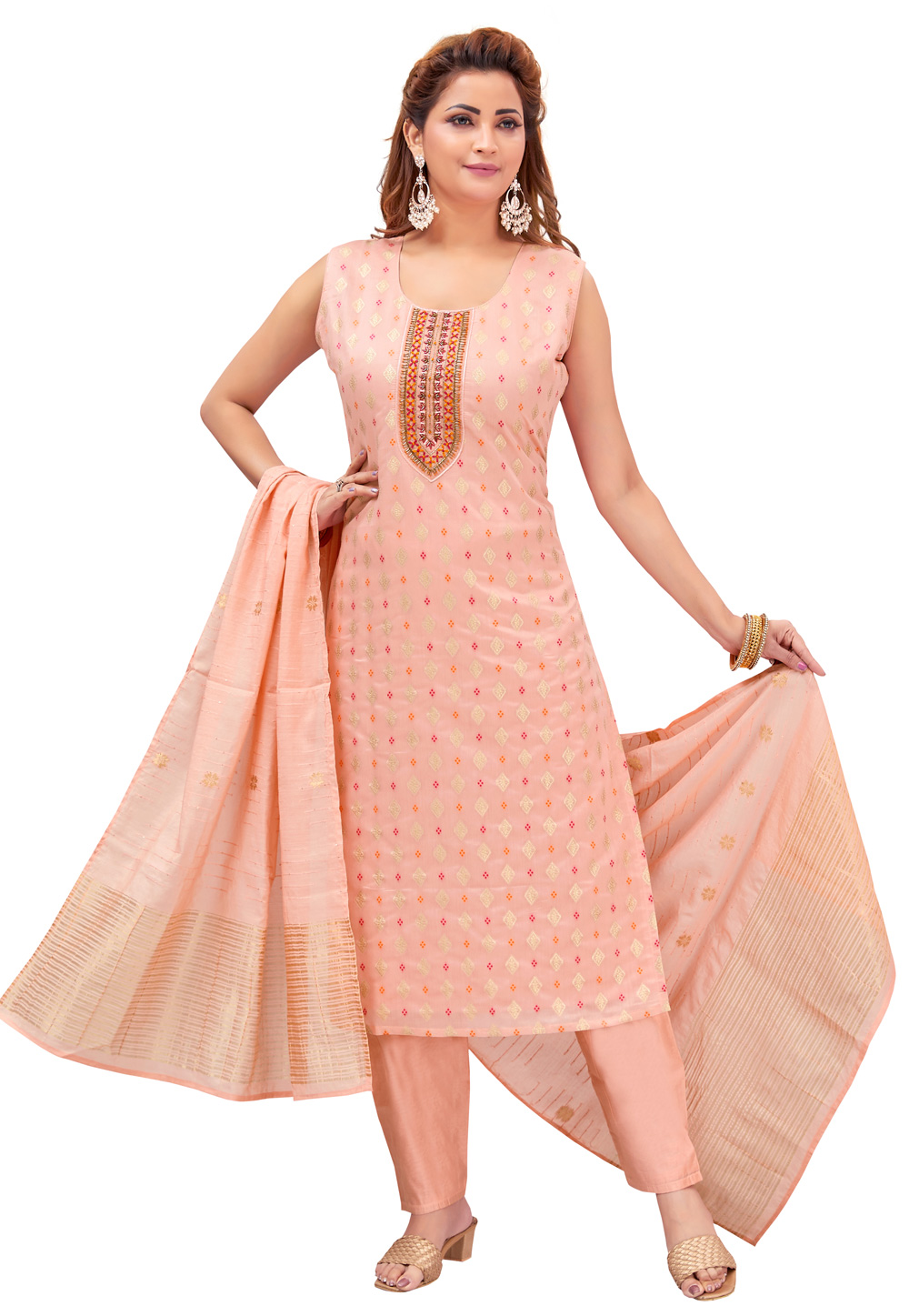 Peach Chanderi Readymade Pant Style Suit 268379