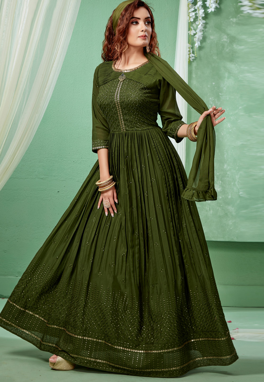 Green Art Silk Readymade Ankle Length Anarkali Suit 205619