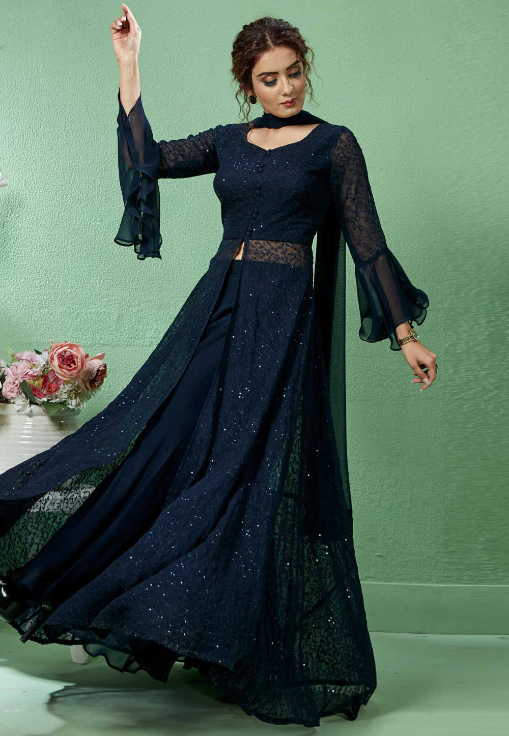 Navy Blue Faux Georgette Readymade Palazzo Suit 205621