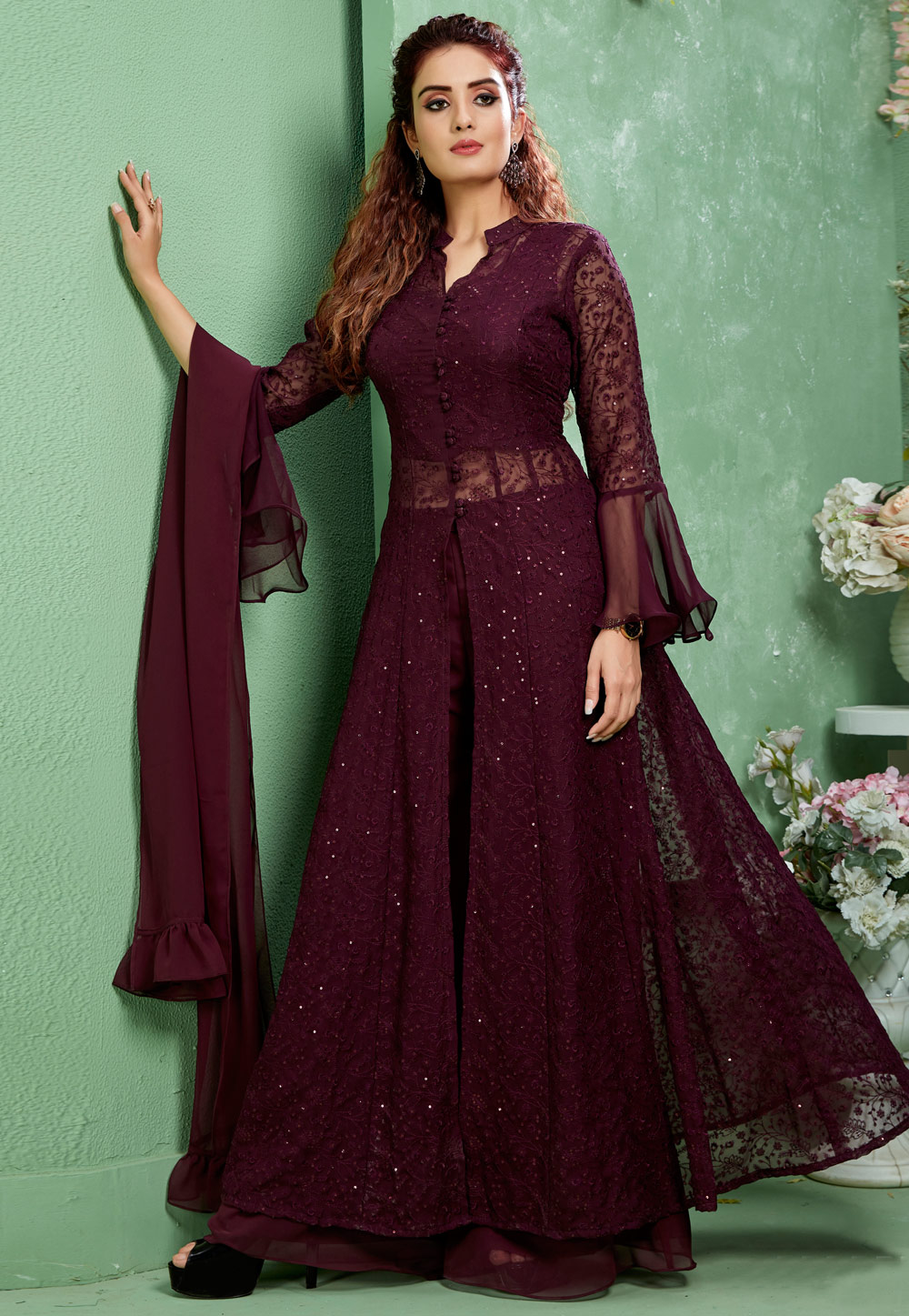 Wine Faux Georgette Readymade Palazzo Suit 205622