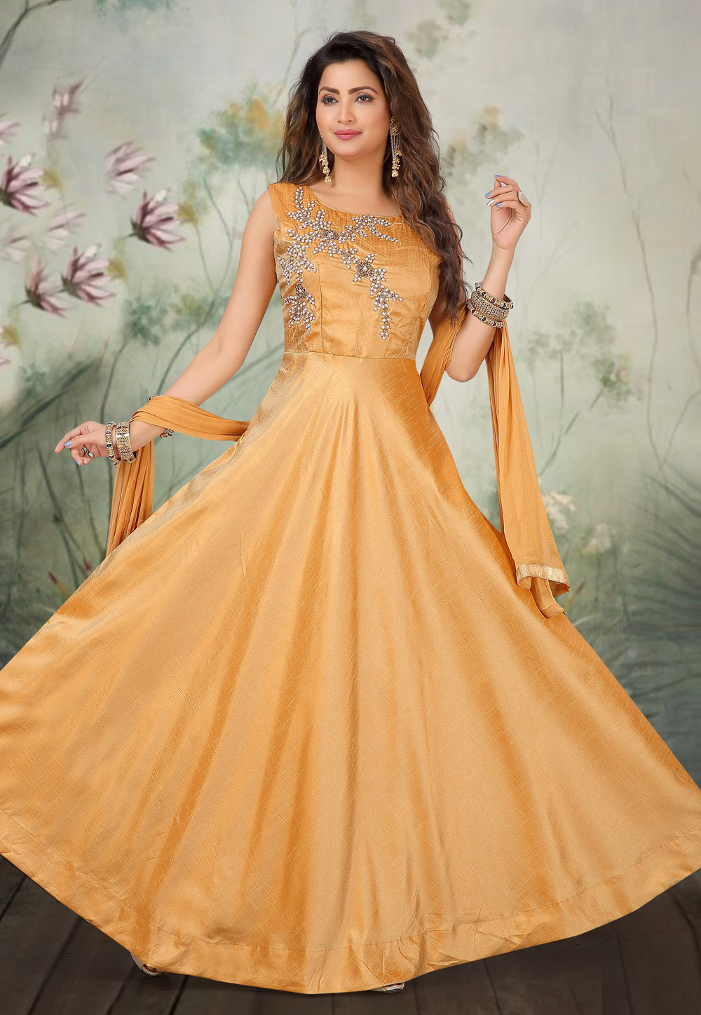 Golden Art Silk Readymade Floor Length Anarkali Suit 205603
