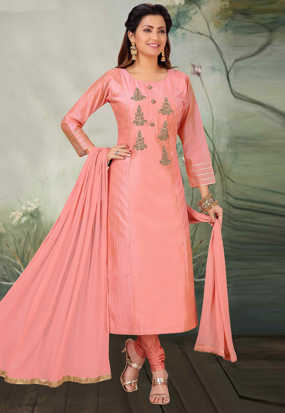 Pink Art Silk Readymade Churidar Suit 205604