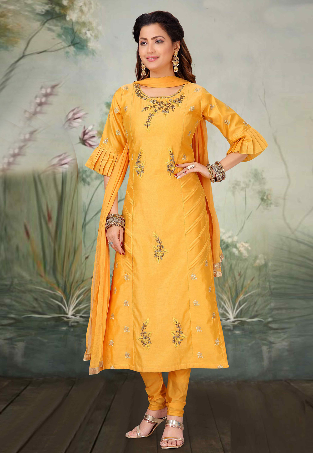 Yellow Art Silk Readymade Churidar Suit 205605
