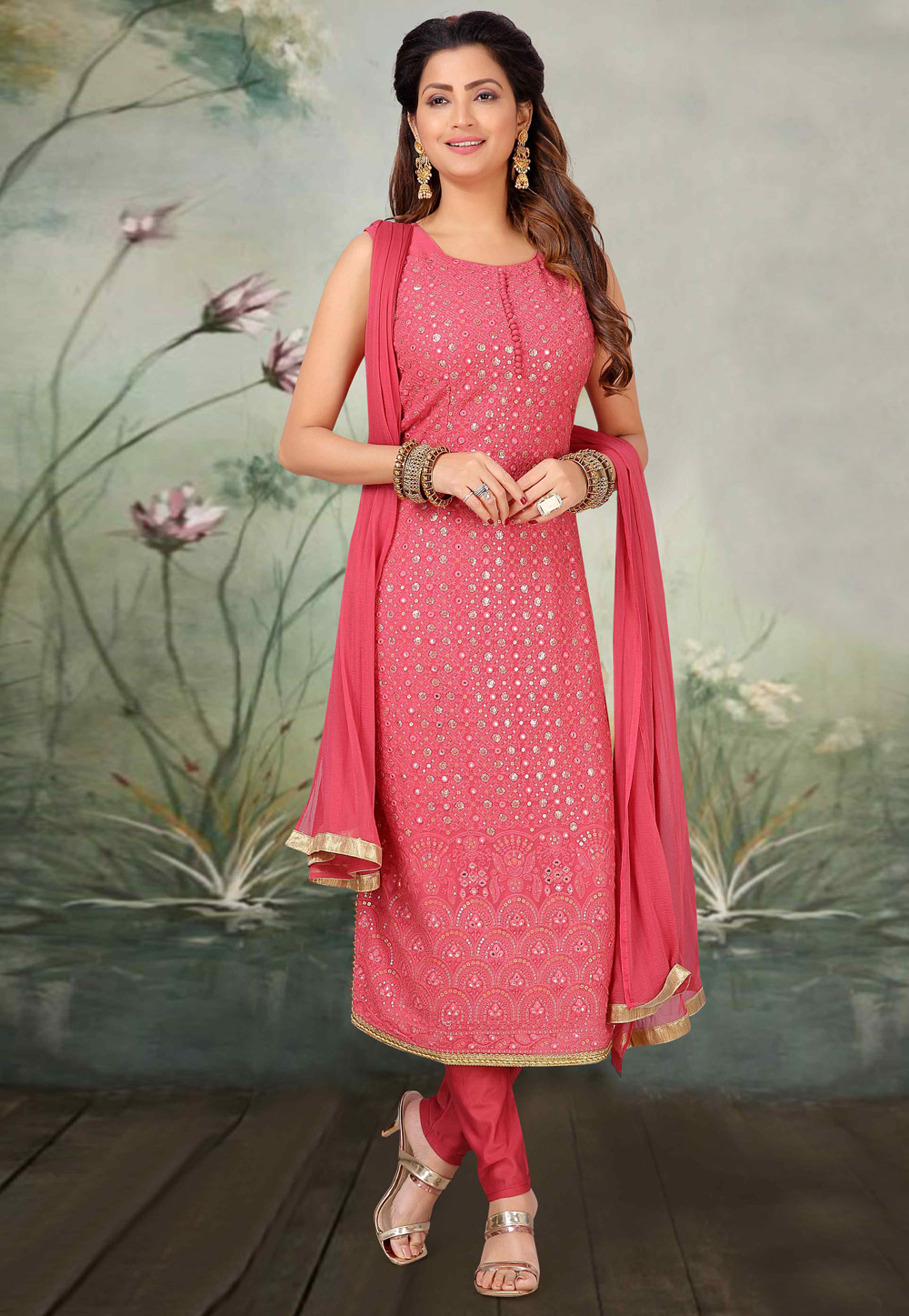 Pink Faux Georgette Readymade Churidar Suit 205609