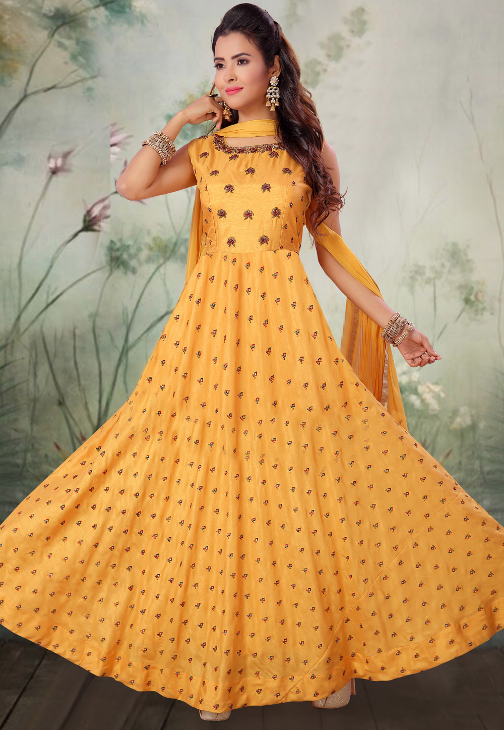Yellow Art Silk Readymade Ankle Length Anarkali Suit 205611