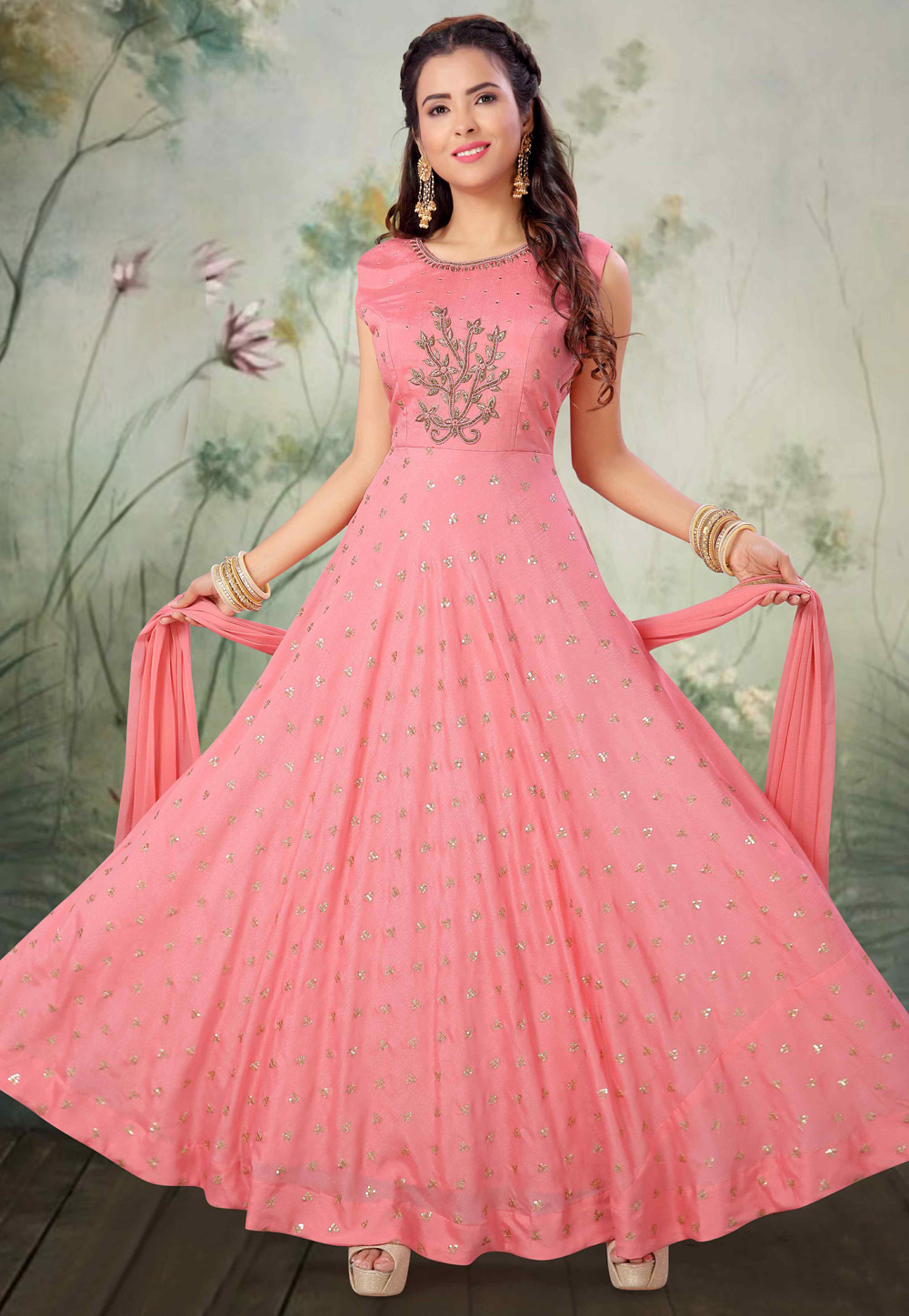 Pink Art Silk Readymade Ankle Length Anarkali Suit 205612
