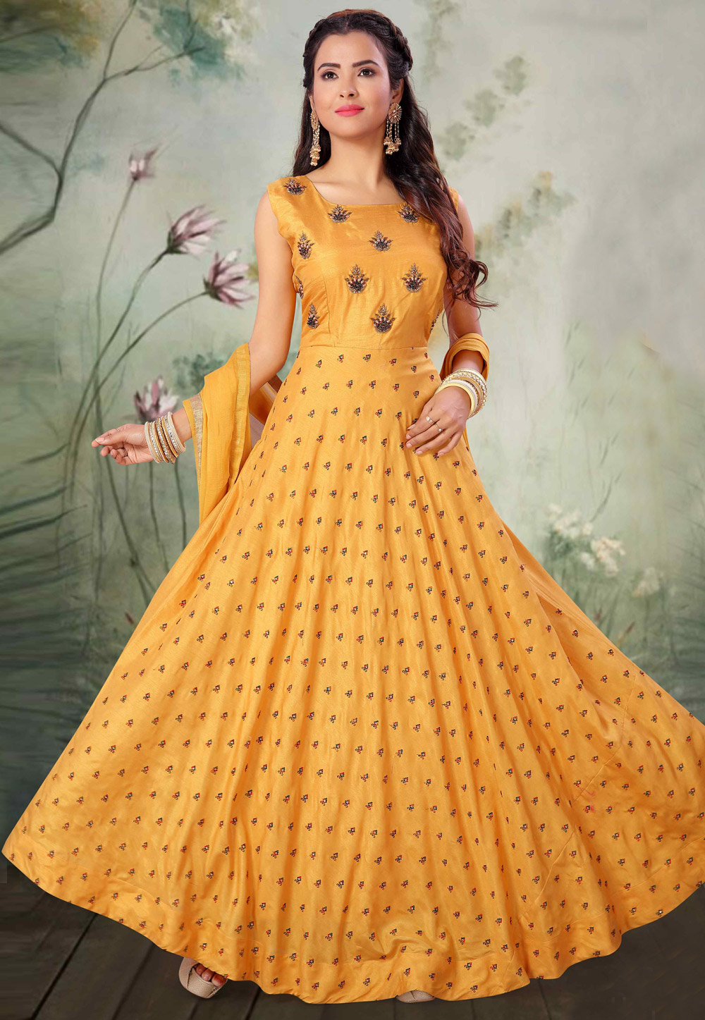 Yellow Art Silk Readymade Abaya Style Anarkali Suit 205614