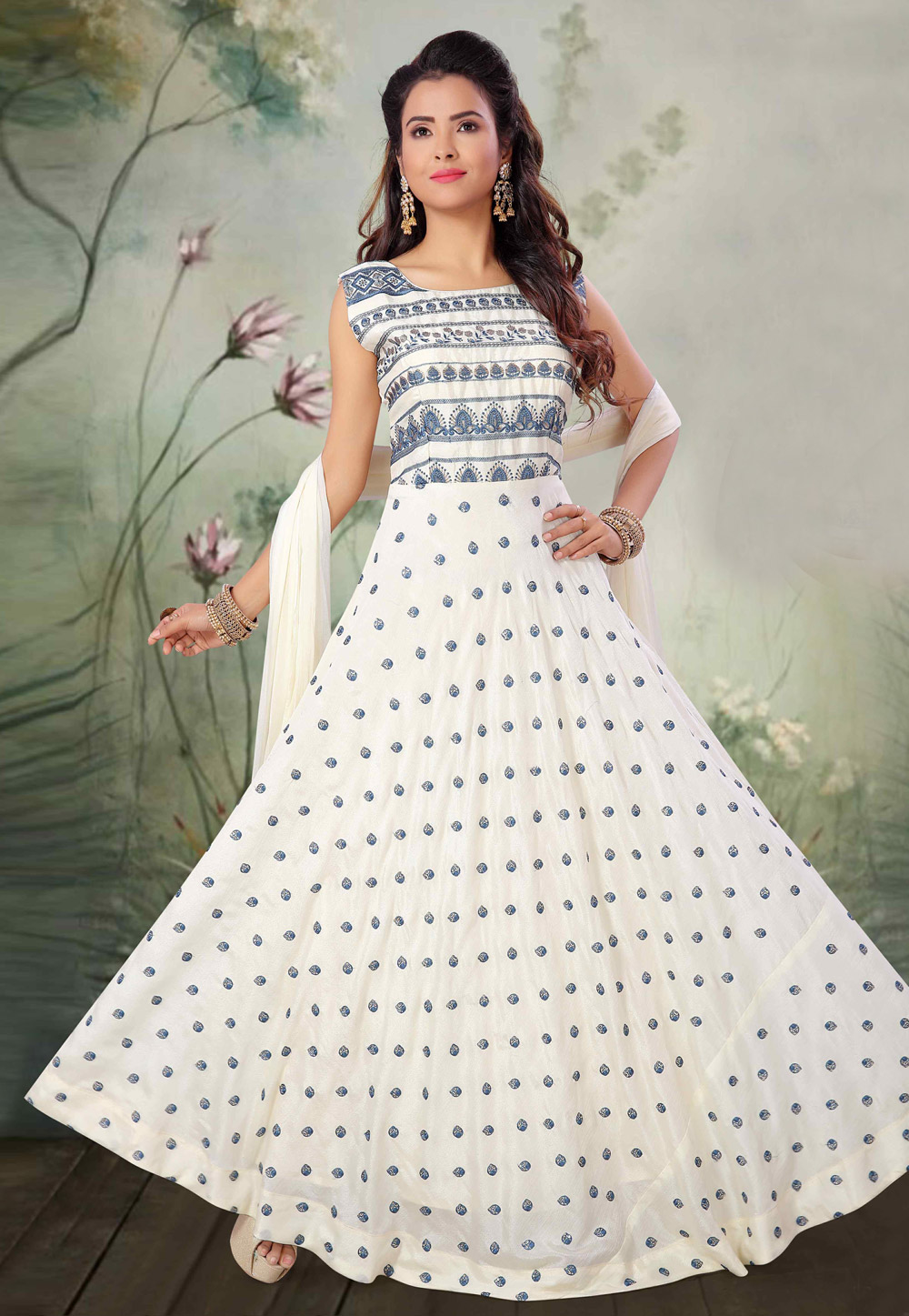 Off White Art Silk Readymade Ankle Length Anarkali Suit 205615