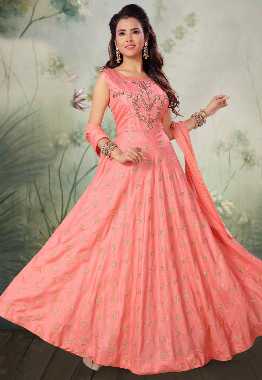 Pink Art Silk Readymade Ankle Length Anarkali Suit 205616