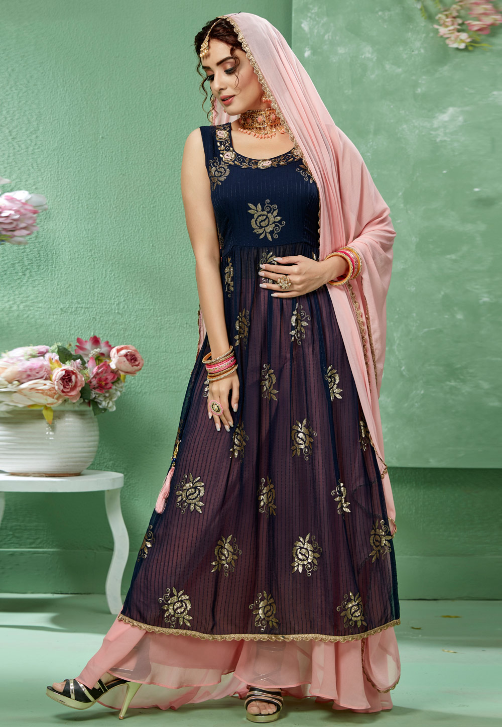 Navy Blue Faux Georgette Readymade Kameez With Palazzo 205633